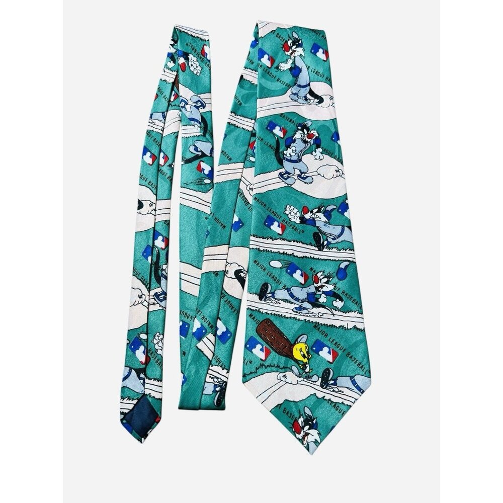 Tweety Sylvester Baseball Toons MLB Baseball Necktie 100% Silk Green Vintage